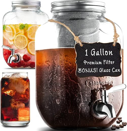 1 Gallon Cold Brew Coffee Maker - 3rd Generation Fine Mesh Filter - Stainless Steel Spigot - Extra Thick Large Glass Mason Jar Drink Dispenser Carafe, Iced Coffee Maker & Sun...