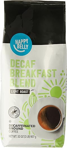 Amazon Brand - Happy Belly Decaf Breakfast Blend Ground Coffee, Light Roast, 32 Ounce