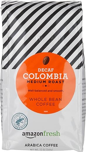 AmazonFresh Decaf Colombia Whole Bean Coffee, Medium Roast, 12 Ounce