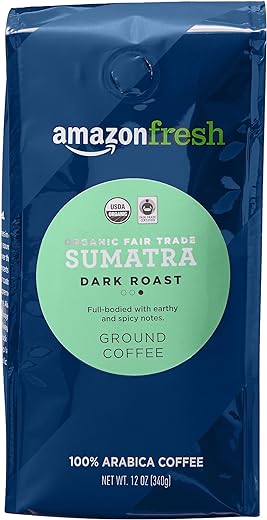 AmazonFresh Organic Fair Trade Sumatra Ground Coffee, Dark Roast, 12 Ounce