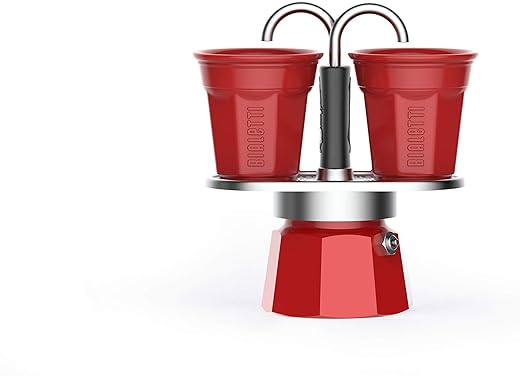 Bialetti - Mini Express Color: Moka Set includes Coffee Maker 2-Cup (2.8 Oz) + 2 shot glasses, Red, Aluminium