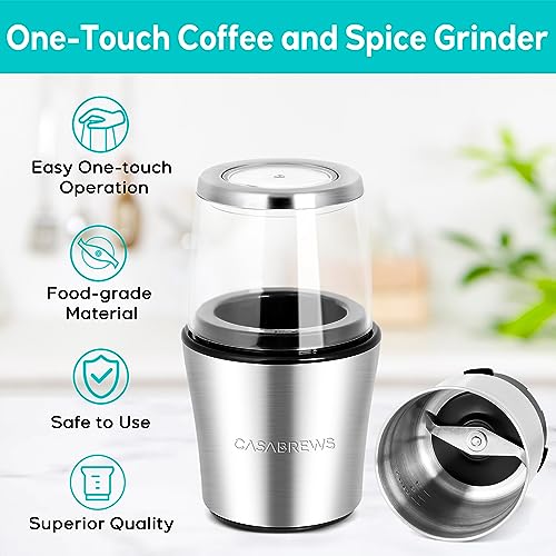 CASABREWS Coffee Grinder Electric, Espresso and Spice Grinder with Removable Stainless Steel Bowl, One Touch Operation Coffee Bean Grinder for Beans, Spices, Herbs, Nuts, Grains... - Image 2