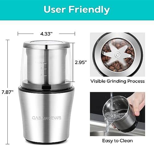 CASABREWS Coffee Grinder Electric, Espresso and Spice Grinder with Removable Stainless Steel Bowl, One Touch Operation Coffee Bean Grinder for Beans, Spices, Herbs, Nuts, Grains... - Image 3
