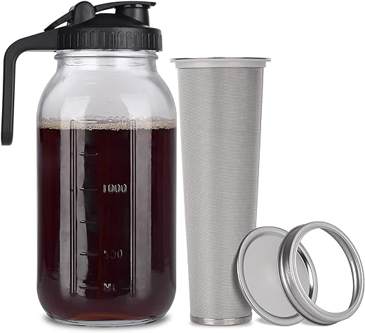 Cold Brew Mason Jar iced Coffee Maker, Durable Glass, - 64 oz (2 Quart / 1.9 Liter), With Handle& Stainless Steel Filter for Iced Brew Coffee, Lemonade, Ice Tea, Homemade Fruit...