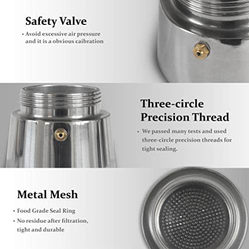 elabo Stovetop Espreeso Machine and Moka Pot for Gas or Electric Ceramic Stovetop, Italian Espresso Coffee Shot Maker for Italian Espresso, Cappuccino and Latte, Stainless Steel... - Image 4