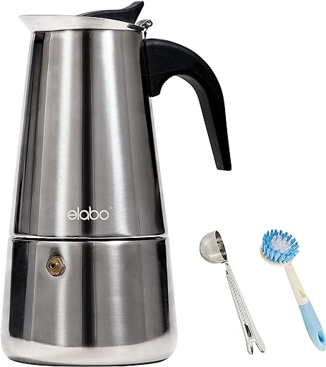 elabo Stovetop Espreeso Machine and Moka Pot for Gas or Electric Ceramic Stovetop, Italian Espresso Coffee Shot Maker for Italian Espresso, Cappuccino and Latte, Stainless Steel...