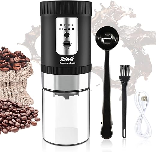 Electric Burr Grinder, Tulevik Portable Single Coffee Maker for Camping, 5 Grind Settings AutomaticCoffee Bean Grinder with for Travel/Camping/Espresso/PourOver/Drip