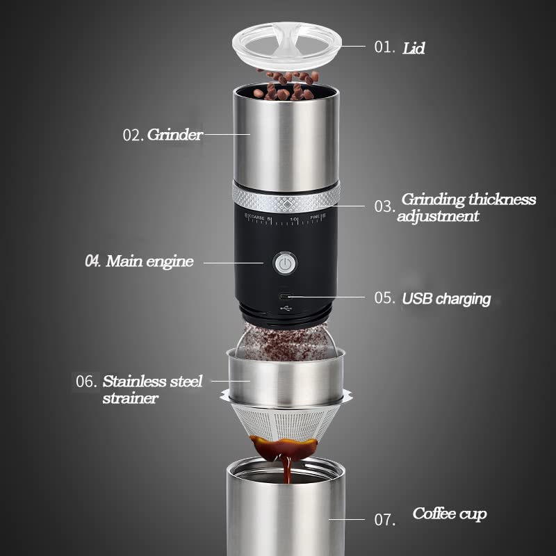 Electric Conical Burr Coffee Grinder Portable Cordless Rechargeable Coffee Maker Stainless Steel Coffee Bean Machine with 15 Fine to Coarse Grind Settings Christmas Gift (Black) - Image 3