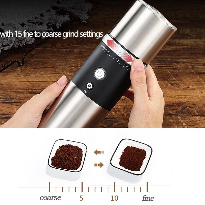 Electric Conical Burr Coffee Grinder Portable Cordless Rechargeable Coffee Maker Stainless Steel Coffee Bean Machine with 15 Fine to Coarse Grind Settings Christmas Gift (Black) - Image 4