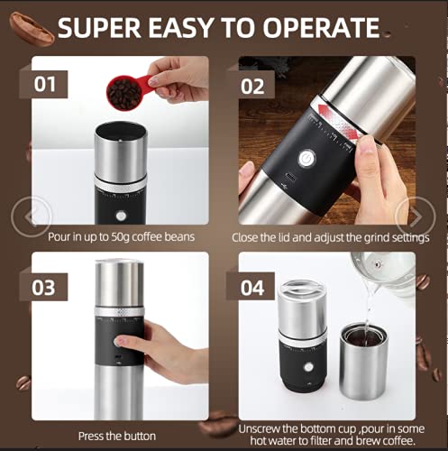 Electric Conical Burr Coffee Grinder Portable Cordless Rechargeable Coffee Maker Stainless Steel Coffee Bean Machine with 15 Fine to Coarse Grind Settings Christmas Gift (Black) - Image 6