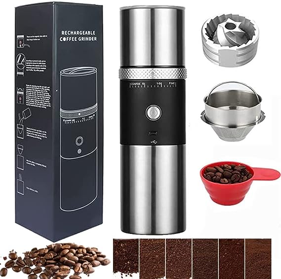 Electric Conical Burr Coffee Grinder Portable Cordless Rechargeable Coffee Maker Stainless Steel Coffee Bean Machine with 15 Fine to Coarse Grind Settings Christmas Gift (Black)
