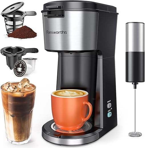 Famiworths Iced Coffee Maker with Milk Frother, Hot and Cold Single Serve Coffee Maker for K Cup Pod and Ground, Compact Coffee Machine 2 in 1 with Self Cleaning, for Home,...