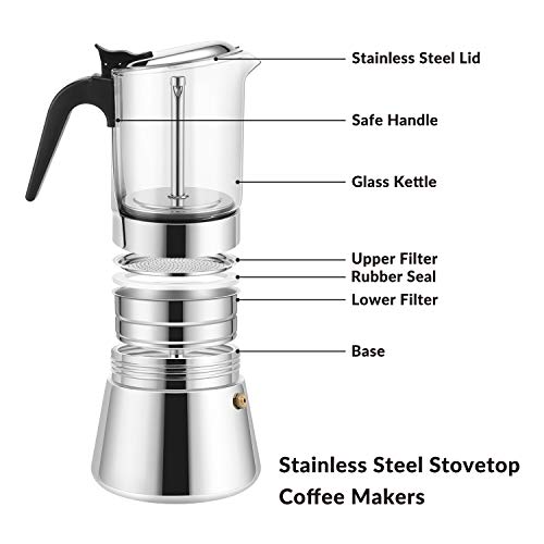 GEESTA Premium Crystal Glass-Top Stovetop Espresso Moka Pot - 4 / 6/ 9 Cups - Stainless Steel Coffee Maker- 160ml/5.6oz/4 cup (esHimpresso cup=40ml)- Valentines Day Gifts - Image 3