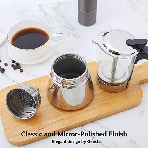 GEESTA Premium Crystal Glass-Top Stovetop Espresso Moka Pot - 4 / 6/ 9 Cups - Stainless Steel Coffee Maker- 160ml/5.6oz/4 cup (esHimpresso cup=40ml)- Valentines Day Gifts - Image 5