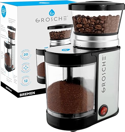 GROSCHE Bremen Coffee Grinder: 20 Grind Settings | 12 Cup Capacity, Space-Saving Design, Perfect for Espresso, Pour Over, French Press | Home and Kitchen Essentials