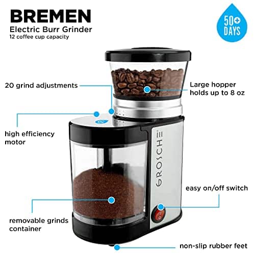 GROSCHE Bremen Coffee Grinder: 20 Grind Settings | 12 Cup Capacity, Space-Saving Design, Perfect for Espresso, Pour Over, French Press | Home and Kitchen Essentials - Image 4