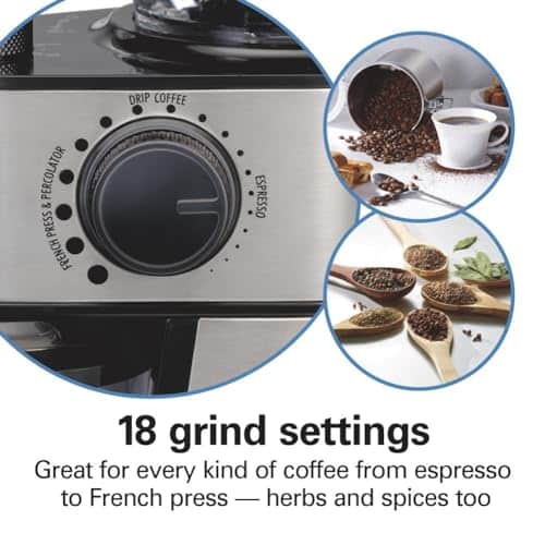 Hamilton Beach Electric Burr Coffee Grinder with Large 16oz Hopper & 18 Settings For 2-14 Cups, Stainless Steel (80385) - Image 2