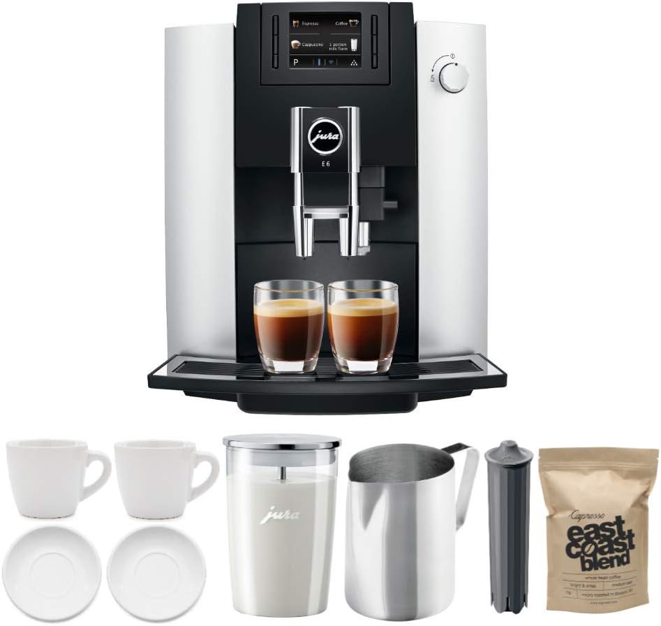 Jura E6 Automatic Coffee Center (Platinum) Bundle with Glass Milk Container, Frothing Pitcher, Espresso Cup and Saucer (2-Pack), Whole Bean Coffee, and Smart Filter Cartridge (7...