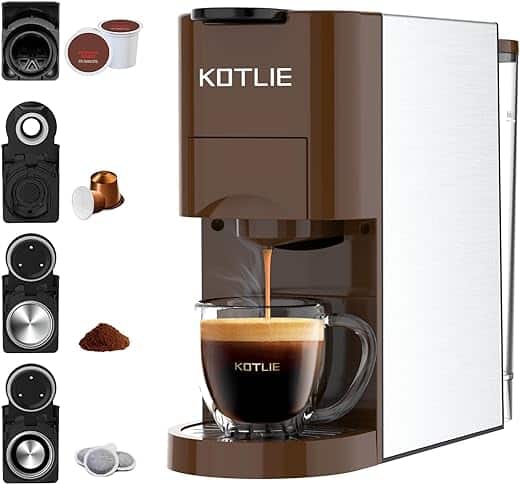 KOTLIE Single Serve Coffee Maker,4in1 Espresso Machine for Nespresso Pods/K cups/L'OR/Ground Coffee/illy Coffee ESE,19Bar Espresso Maker,1450W Fast Heat Coffee Machine(Coffee)