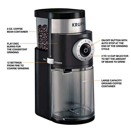 Krups Precision Plastic and Stainless Steel Flat Burr Grinder 12 Cup 110 Watts 12 Grind Settings, Drip, French Press, Espresso, Pour Over, Cold Brew Black - Image 2