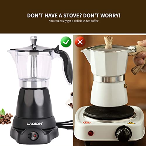 LAOION Cafeteras Electricas Espresso Cuban Coffee Maker 6 Cup (Espresso Cup=50ml), Electric Moka Pot with Clear Percolator & Overheat Protection, 300ml Italian Coffee Maker for... - Image 3