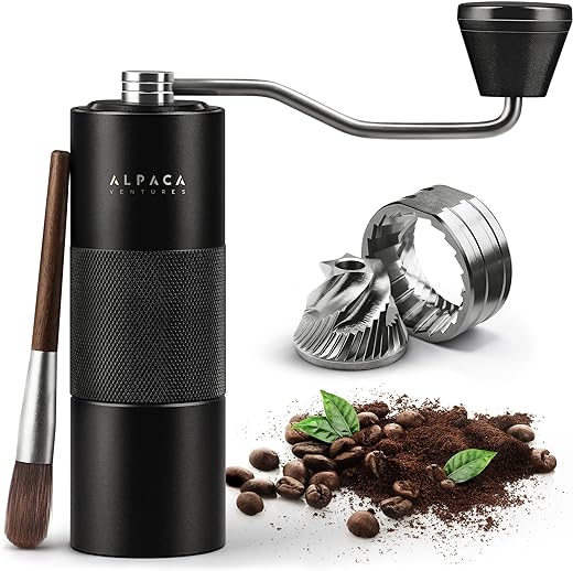 Manual Coffee Grinder by Alpaca Ventures - Stainless Steel Conical Burr Coffee Grinder Manual with Adjustable Setting Double Bearing Hand Espresso Grinder Perfect for Home,...