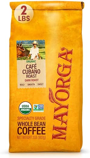 Mayorga Organics Café Cubano, Dark Roast Whole Bean Coffee, 2lbs Bag, Specialty-Grade, 100% USDA Organic, Non-GMO Verified, Direct Trade, Kosher