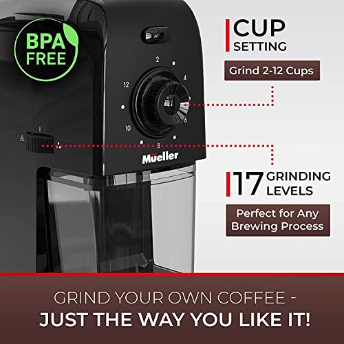 Mueller SuperGrind Burr Coffee Grinder Electric with Removable Burr Grinder Part - 12 Cups of Coffee, 17 Grind Settings with 5,8oz/164g Coffee Bean Hopper Capacity, Matte Black - Image 2