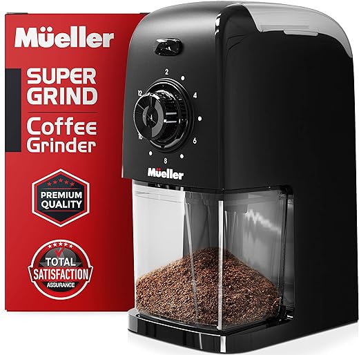 Mueller SuperGrind Burr Coffee Grinder Electric with Removable Burr Grinder Part - 12 Cups of Coffee, 17 Grind Settings with 5,8oz/164g Coffee Bean Hopper Capacity, Matte Black