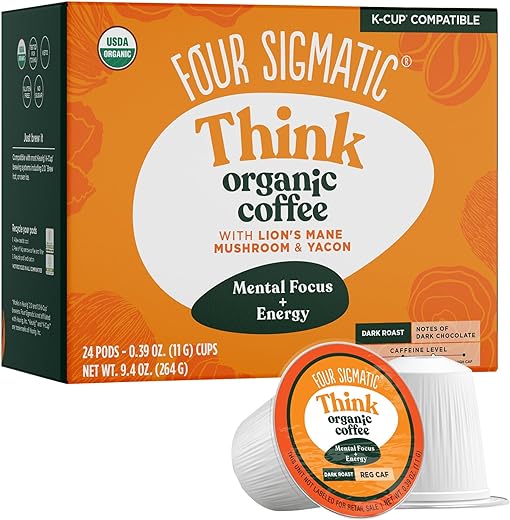 Mushroom Coffee K-Cups by Four Sigmatic | Organic and Fair Trade Dark Roast Coffee with Lion’s Mane, Chaga & Mushroom Powder | Focus & Immune Support | Vegan & Keto |...