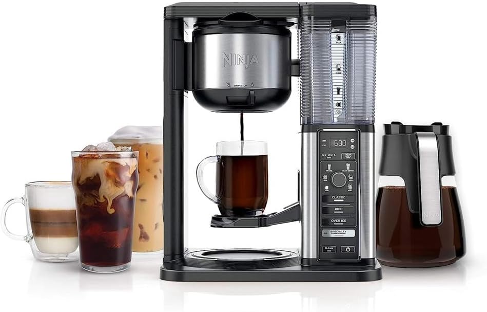 Ninja CM401 Specialty 10-Cup Coffee Maker, with 4 Brew Styles for Ground Coffee, Built-in Water Reservoir, Fold-Away Frother & Glass Carafe, Black, 50 Oz.