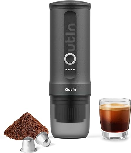 Outin Nano Portable Electric Espresso Machine with 3-4 Min Self-Heating, 20 Bar Mini Small 12V 24V Car Coffee Maker, Compatible with NS Capsule & Ground Coffee for Camping,...