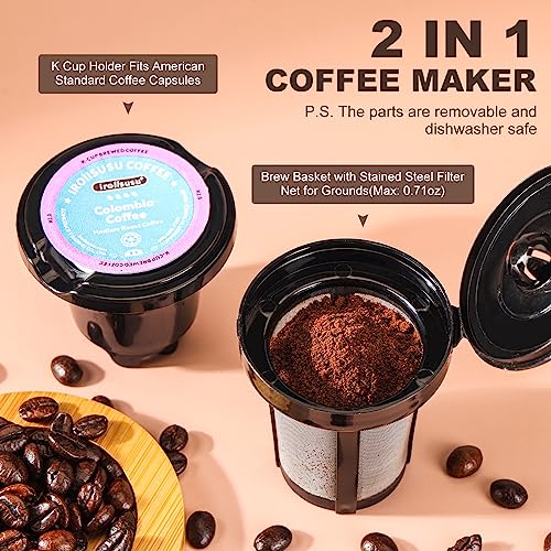 Ranbomer Single Serve Coffee Maker, K Cup and Ground Coffee Machine 2 in 1, 6 to 14 Oz Brew Sizes, Mini One Cup Coffee Maker with Self cleaning Function, Fits Travel Mug, Black - Image 2