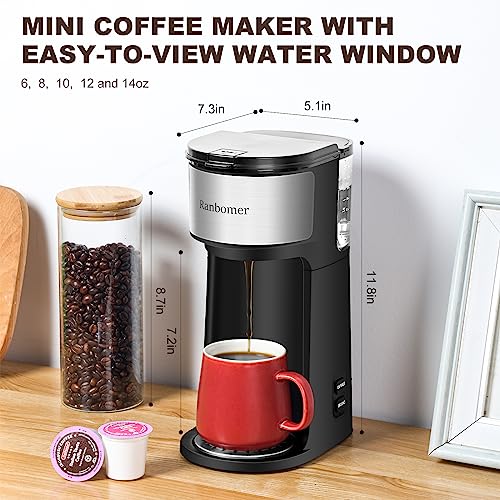 Ranbomer Single Serve Coffee Maker, K Cup and Ground Coffee Machine 2 in 1, 6 to 14 Oz Brew Sizes, Mini One Cup Coffee Maker with Self cleaning Function, Fits Travel Mug, Black - Image 3