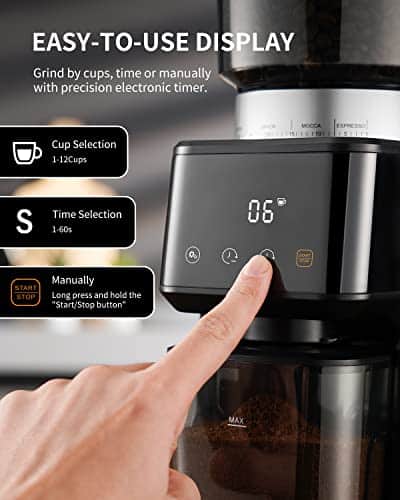 SHARDOR Anti-static Conical Burr Coffee Grinder Electric for Espresso with Precision Electronic Timer, Touchscreen Adjustable Coffee Bean Grinder with 51 Precise Settings,... - Image 2