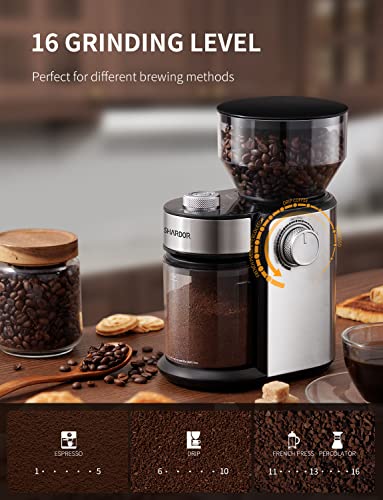 SHARDOR Coffee Grinder, Adjustable Burr Mill with 16 Precise Grind Setting for 2-14 Cup, Silver - Image 2