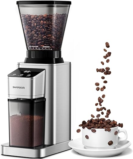 SHARDOR Conical Burr Coffee Grinder Electric with Precision Electronic Timer, Adjustable Burr Mill with 48 Precise Settings, Touchscreen, Anti-static, Brushed Stainless Steel
