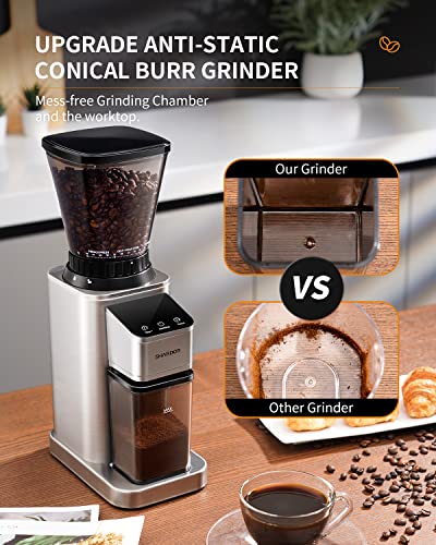 SHARDOR Conical Burr Coffee Grinder Electric with Precision Electronic Timer, Adjustable Burr Mill with 48 Precise Settings, Touchscreen, Anti-static, Brushed Stainless Steel - Image 6