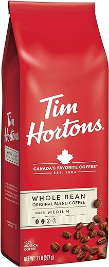 Tim Hortons Whole Bean Original, Medium Roast Coffee, Made with 100% Arabica Beans, 32 Ounce Bag