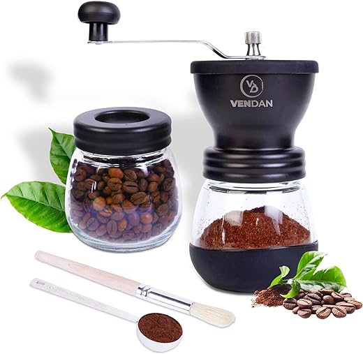 VenDan Manual Coffee Grinder - Hand Crank Coffee Grinder with Travel Jar - Coffee Bean Grinder - Incl. Coffee Scoop & Cleaning Brush - Molino de Cafe