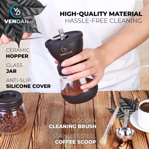 VenDan Manual Coffee Grinder - Hand Crank Coffee Grinder with Travel Jar - Coffee Bean Grinder - Incl. Coffee Scoop & Cleaning Brush - Molino de Cafe - Image 3