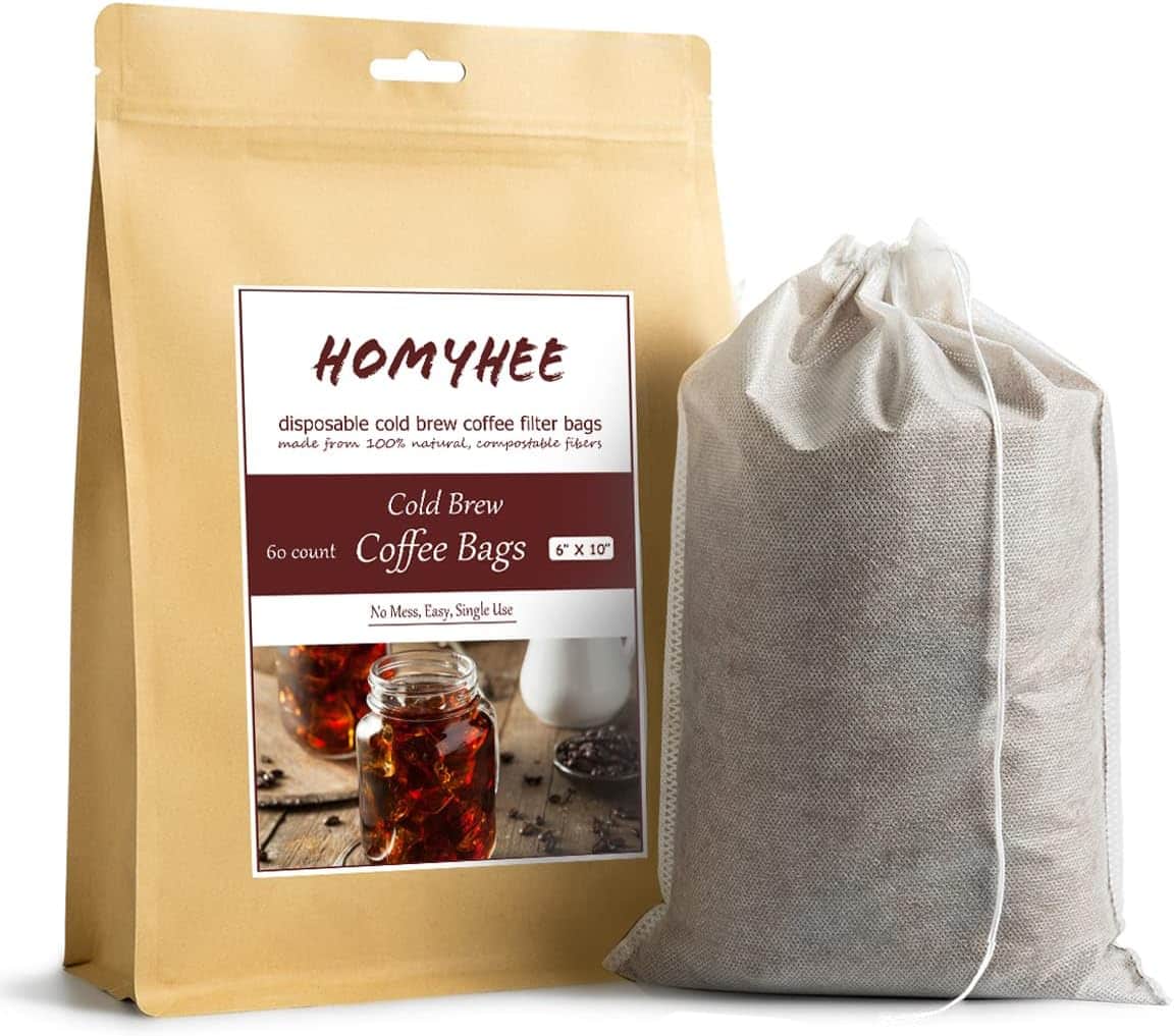 HOMYHEE Cold Brew Coffee Bags 60 Count Disposable Fine Mesh Brewing Bags for Concentrate/Iced Coffee Maker, French/Cold Press Kit, Hot Tea in Mason Jar or Pitcher, 6 x 10 Inches