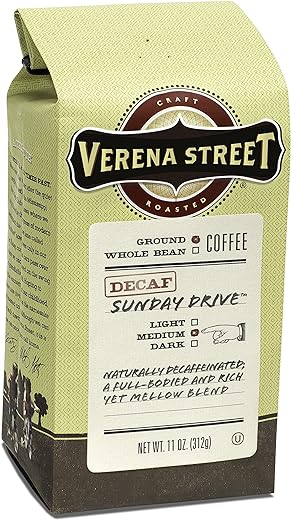 Verena Street 11 Ounce Ground, Swiss Water Process Decaf Coffee, Sunday Drive Decaffeinated, Medium Roast Rainforest Alliance Certified Arabica Coffee