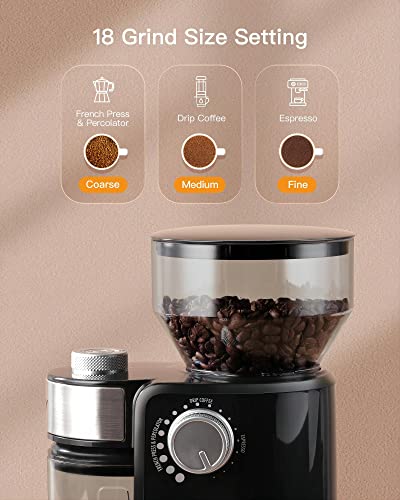 Electric Burr Coffee Grinder, Adjustable Burr Mill Coffee Bean Grinder with 18 Grind Settings, Burr Coffee Grinder for Espresso, Drip Coffee and French Press,Black - Image 2