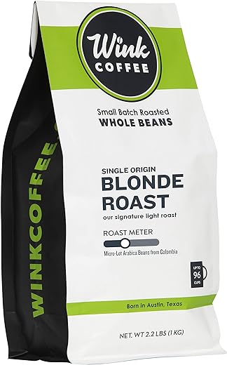 Wink Blonde Roast Whole Bean Coffee, Large 2.2 Pound Bag, 100% Arabica Coffee Beans, Single Origin Colombian, Smooth, Light, and Complex