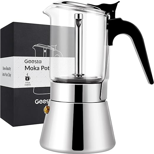 GEESTA Premium Crystal Glass-Top Stovetop Espresso Moka Pot - 4 / 6/ 9 Cups - Stainless Steel Coffee Maker- 160ml/5.6oz/4 cup (esHimpresso cup=40ml)- Valentines Day Gifts