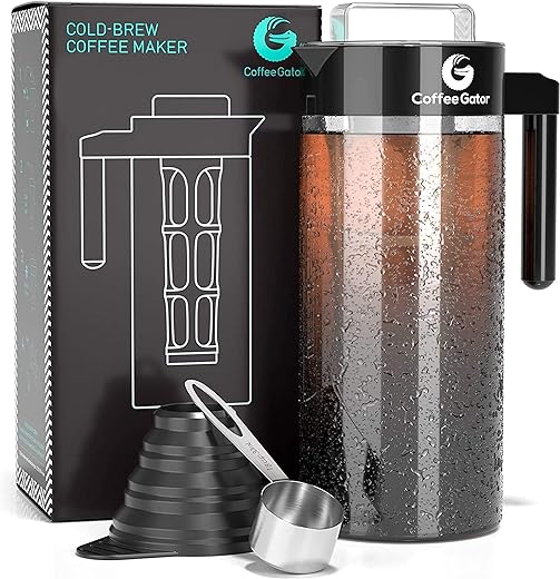 Coffee Gator Cold Brew Coffee Maker - 47 oz Iced Tea and Cold Brew Maker and Pitcher w/Glass Carafe, Filter, Funnel & Measuring Scoop - Black